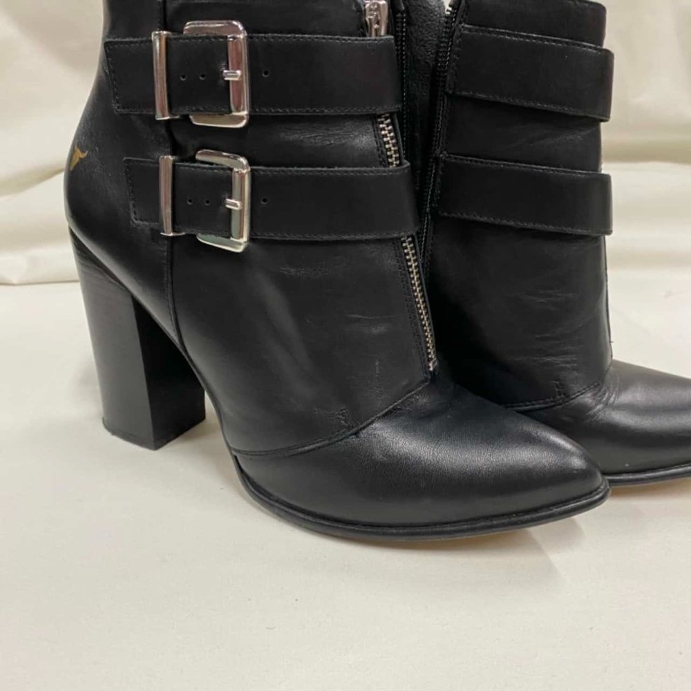 WINDSOR SMITH Black Leather Buckle High Heeled Ankle Boots - Picture 6 of 9
